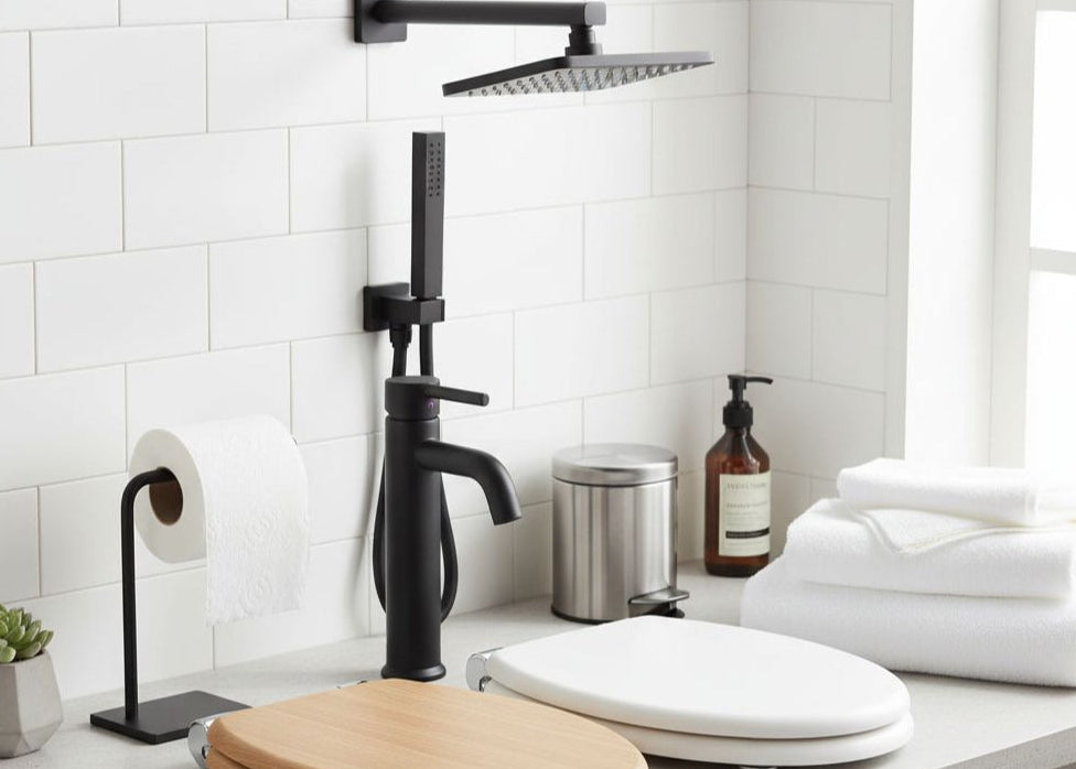 Black shower faucet set against a white tiled bathroom wall with towels and a plant.
